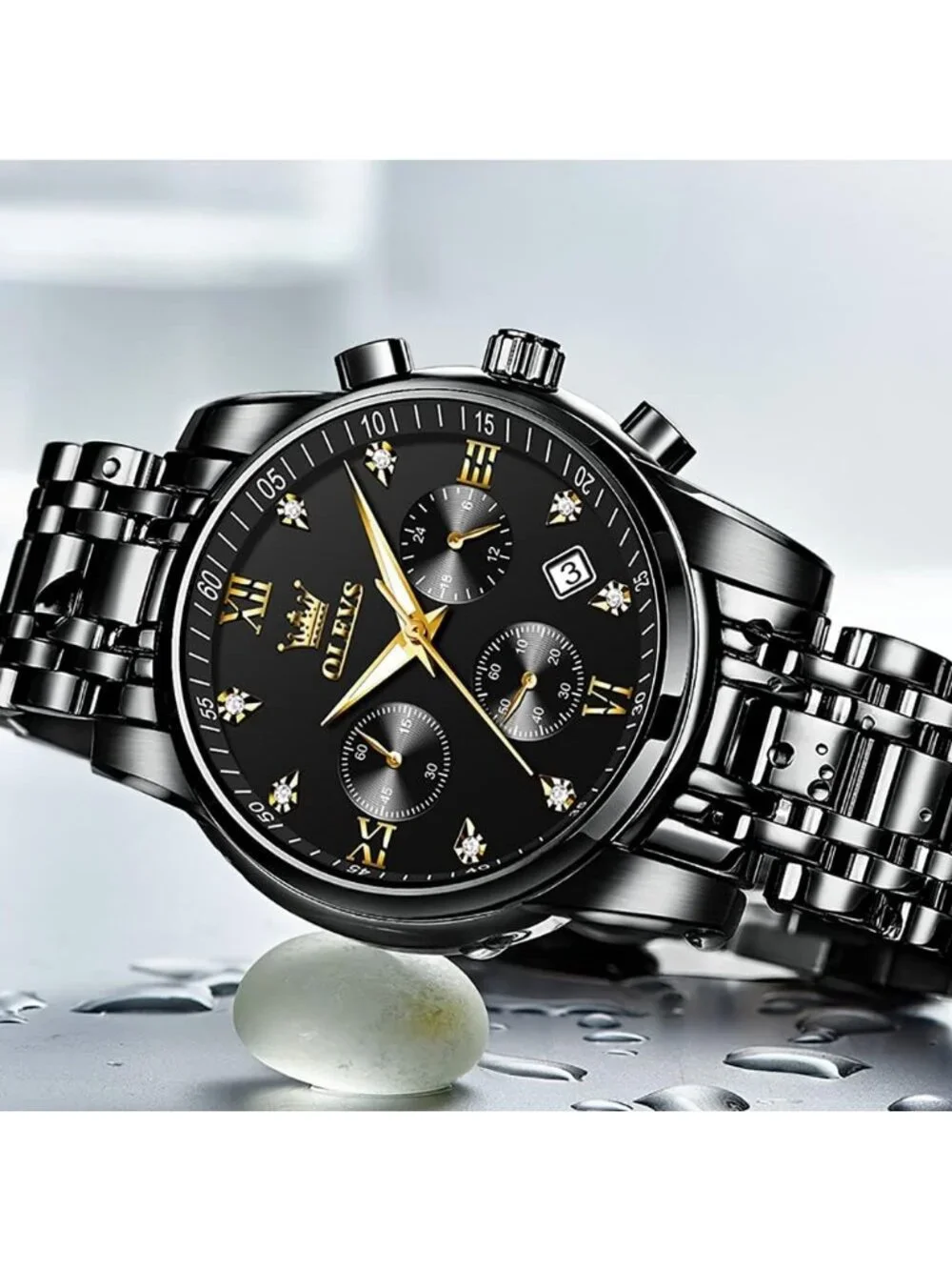 Men's Black Face/Black Strap Stainless Steel Chronograph Waterproof Wrist Watch